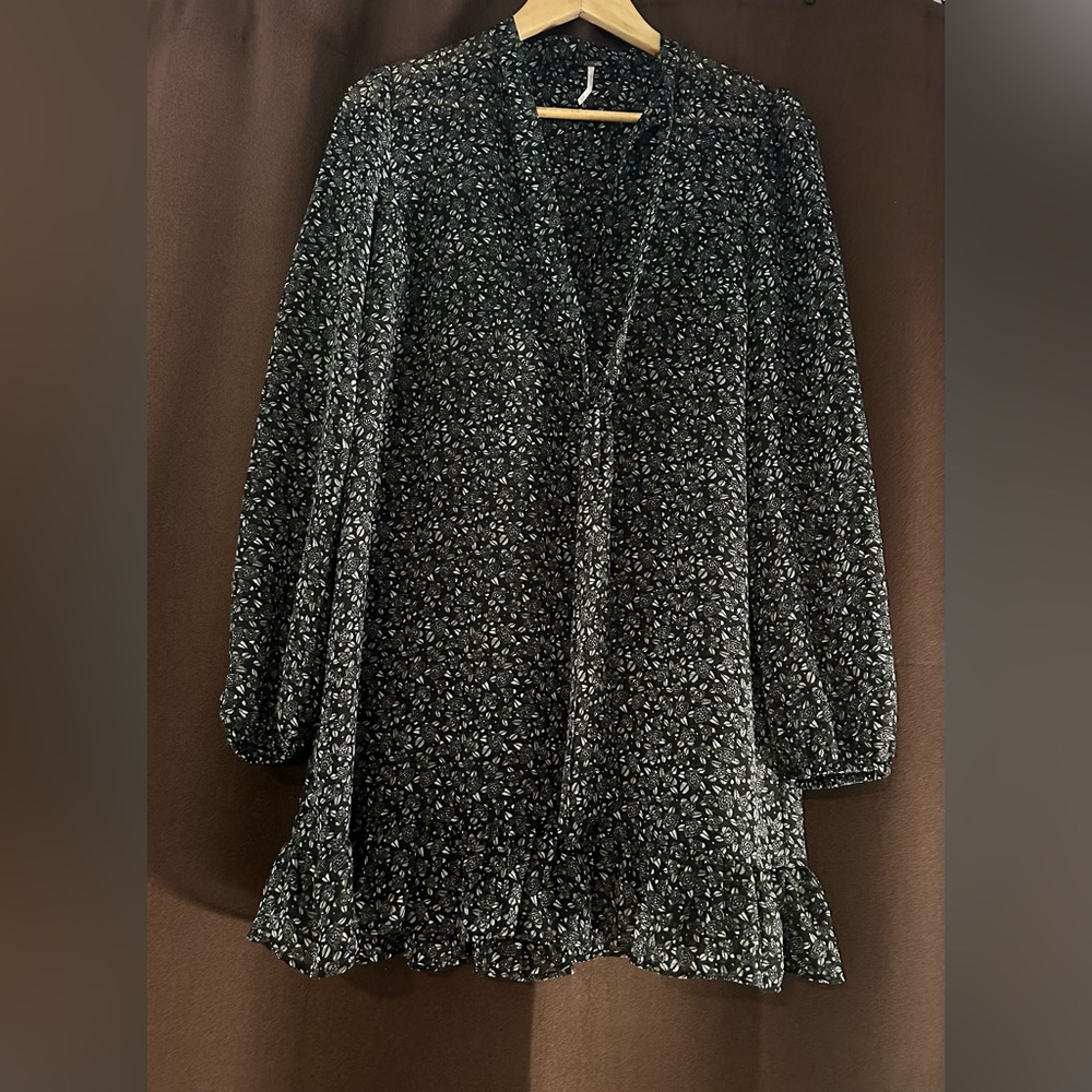 Free People Black Long Sleeve Dress with White Floral Pattern